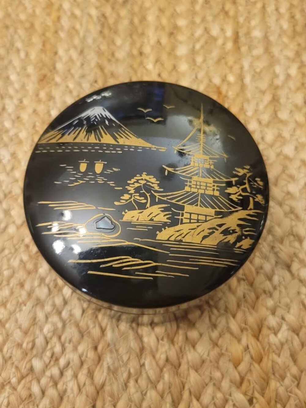 Vintage set of Japanese Black Lacquerware Coasters Featuring Mt. Fuji